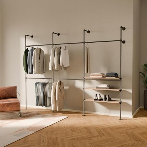 pamo Offener Kleiderschrank Wandmontage – 460 kg Traglast | 296 x 222 cm | Industrial, Begehbarer Kleiderschrank System mit Eichenholz-Regal, Wandsystem aus Wasserrohren Metall schwarz