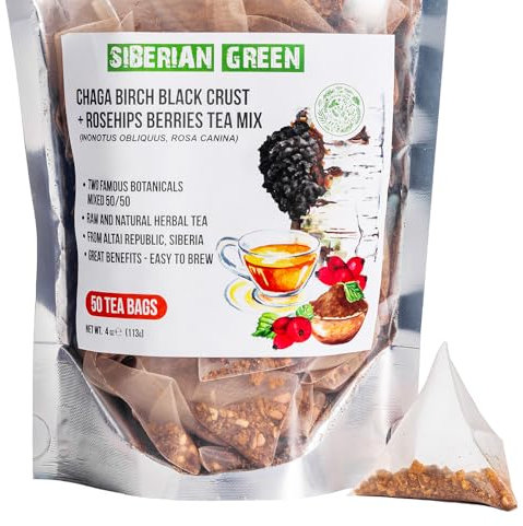 Siberian Green Chaga Tea Birch Black Crust with Rosehip Berries Mix – 50pcs Tea Bags with Natural, Pure Ingredients