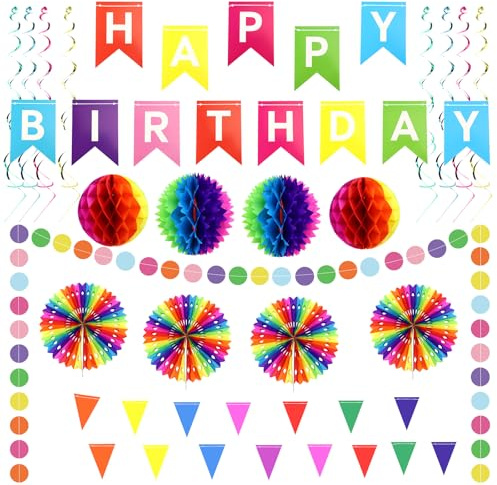 QGGTQG Geburtstagsdeko Set, Wiederverwendbare Regenbogen Happy Birthday Partydeko Bunt Geburtstag Party Deko mit Happy Birthday Girlande, Geburtstag Wimpelkette, Wabenbälle, Papierfächer