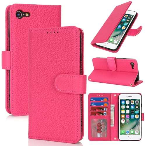 Zouzt Leather Wallet Case for iPhone SE 2022/2020 / iPhone 8/7, Rose Red | 4 Card Slot, Genuine Leather, Card Holder, Shockproof TPU Shell, Magnetic Closure, Protective Flip Phone Cover, For Women Men