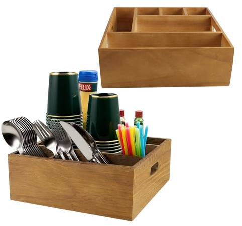 ZoeQide Porte Couverts Cuisine 2 Pcs, Range Couverts Bois Acacia 5 Cases | Lot buffet avec cases pour serviettes, gobelets et pailles, rangement ustensiles cuisine transportable pour repas et fêtes