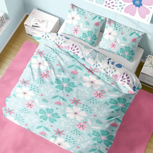 K Collection Floral Duvet Cover – Reversible Delicate Pastel Flower Print Bedding – Girls Blossom Bloom Design – Bedding Set with Matching Pillowcase (Double)
