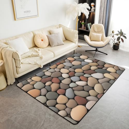 Homewish Tapis Salon 150x200cm Garçon, Tapis Sol Gravier de Pierre 3D, Tapis Chambre Impression de Cailloux de Jardin, Décoration D'Intérieur Plage de Cailloux D'Hawaï,Marron Gris