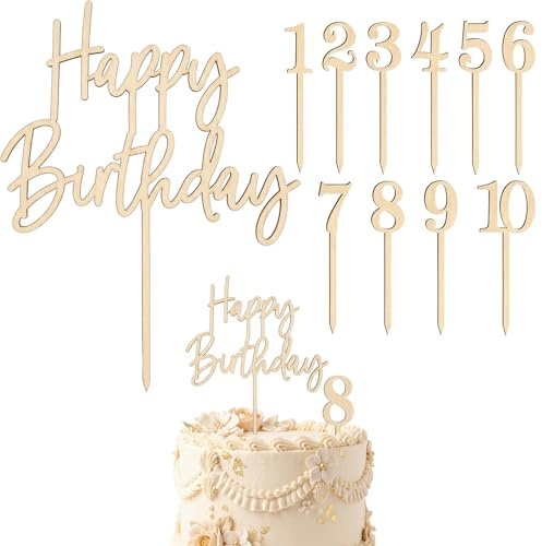 11 Stück Cake Topper Zahlen Holz 1-10 Tortendeko Zahlen Cake Topper Happy Birthday Holz Wiederverwendbar Holzzahlen Tortendeko für Geburtstagsfeiern Hochzeits