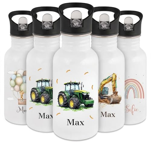 smartaini Personalisierte Trinkflasche für Kinder mit Namen – Auslaufsichere Edelstahl Trinkflasche für Schule & Kindergarten – Robuste Wasserflasche mit Sportverschluss & Griff (Trecker)