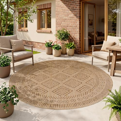 HomebyHome Outdoor Teppich Beige Jute Optik Rund 200 cm Balkon Terrasse Garten Wetterfest UV-beständig Groß XL Rauten Design Flachgewebe Pflegeleicht Robust Modern