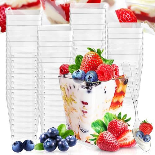 AGOVXTI 60 Pezzi Tazze da Dessert 160 Ml/5oz, Plastica Bicchierini Finger Food con 60 PCS Cucchiai, Riutilizzabili Mini Trasparenti Bicchierini per Finger Food, Per Mousse, Budini, Gelati, Feste