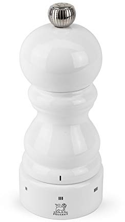 Dekomiro Peugeot 27780 Paris Pfeffermühle mit u-Select weiß 12 cm Geschenkset mit 20 gr. Tellicherry-Chili-Pfeffer
