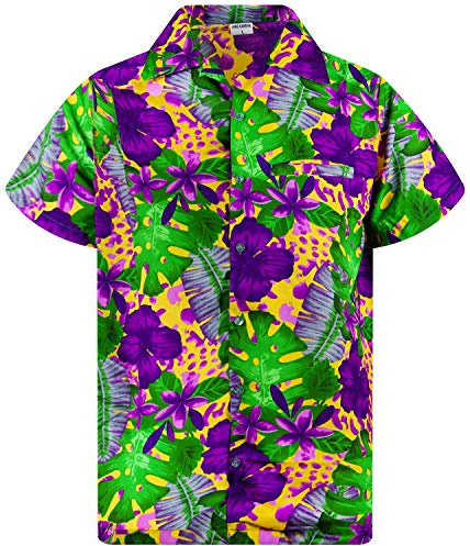 King Kameha Funky Hawaii-Hemd, Herren, Kurzarm, Green-Leaves-Purple-Flower, Orange, 3XL