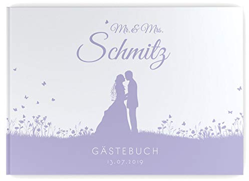 DeinWeddingshop Gästebuch Hochzeit, personalisiert, Inhalt mit Fragen, Hochzeitsalbum Hochzeitsbuch Hochzeitsgästebuch, Leaf Couple - Pastell-Flieder