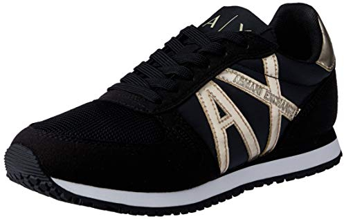 Armani Exchange Damen Microfiber Suede lace up Sneaker, Black+LT Gold, 35 EU