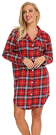 Misscoo Chemise de Nuit Femme en Coton à Manches Longues,Pyjama Femme Hiver en Flanelle, Vêtements de Nuit Boutonnée Devant,Grandes Tailles- L -Rouge