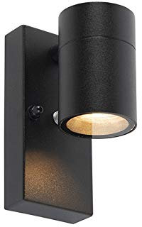Qazqa - Moderne Außen Wandleuchte schwarz IP44 mit Dämmerungssensor - Solo I Außenbeleuchtung - Edelstahl Zylinder - LED geeignet GU10