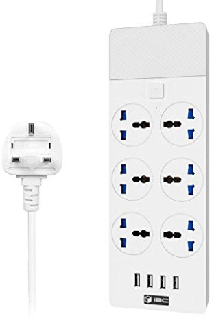 Universal Power Strips Extension Lead USB Wall Plug Adapter, 6 Way Cable Surge Protector, Fuse and Shutter 4 USB Hub Socket 6 Gang Smart Electrical Power Accessories Extension Cord UK Plug