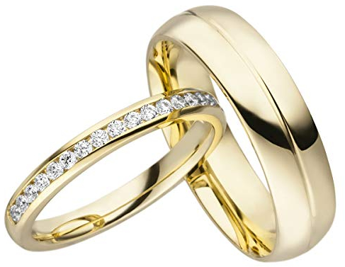JC Trauringe Silber 925 Paarpreis Eheringe Gold Plattiert I Verlobungsringe Partnerringe mit Gravur in edler Schatulle I 2 Hochzeitsringe Herrenring 6,0 mm & Damenring mit Steinen 2,7 mm I LC105-P