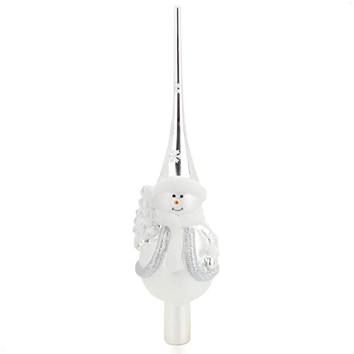 com-four® Weihnachtsbaumspitze glänzend - Christbaumspitze aus echtem Glas für Weihnachten - Tannenbaumspitze mit Schneemann (28cm - Schneemann Frosty Silver)