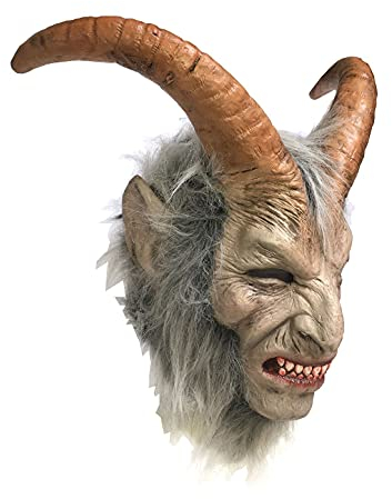 Krampus Dämon Deluxe Latex Überkopf Maske mit Hörnern und Haaren Weihnachten Horror