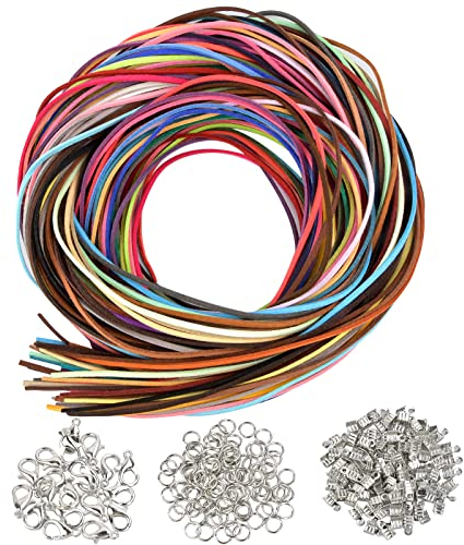 280Pcs Leather Cord Set 1M Colourful Suede Cord String with 3 Pack Rope Ends Faux Leather Necklace Cords Strips Stronger Leather Laces Jewelry Findings Making with Jump Ring Lobster Clasp Clamp Ends
