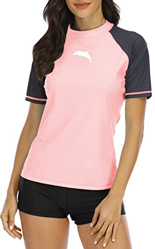 Halcurt Damen Kurzarm-Badehemden SPF 50 Rash Guard Badeanzug Top Pink L