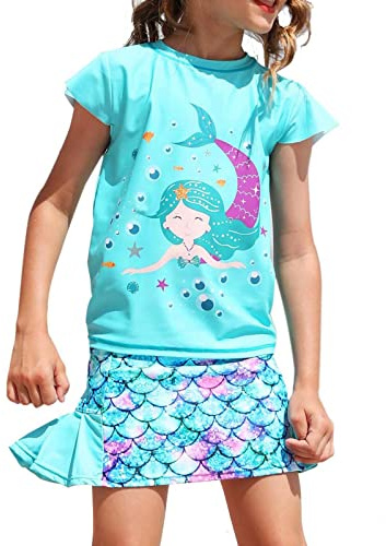 weVSwe Maillot de Bain Fille Boyshort/Jupe Ensemble UPF 50+ Tissu Recyclé Deux Pièces Protection UV Été Plage Vert Sirène 3-4 Ans