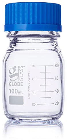 Globe Scientific Globe Glass Media Bottle 8100100, 100mL, GL45 Screw Cap, 3.3 Borosilicate Glass, Dual Graduations, 10/Box