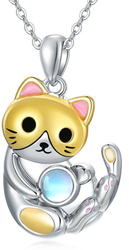 VENACOLY Katze Kette 925 Sterling Silber Katze Anhänger Halskette Mondstein Kette Katze Muttertag Schmuck Geschenk für Damen Katze Lieber