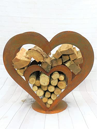 D&L Lasertec Herz aus Metall Holz Regal Rost Edelrost Holzregal Garten Terrasse Doppelherz