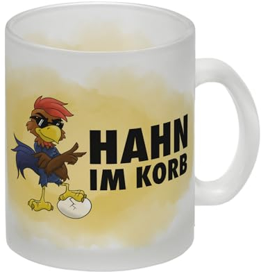 Hahn im Korb Glas Tasse Das einzigartige Cartoon-Motiv eines Hahns macht diesen Kaffeebecher zu einem echt ausgefallenem Geschenk für Kollegen Familie und Freunde die vielleicht