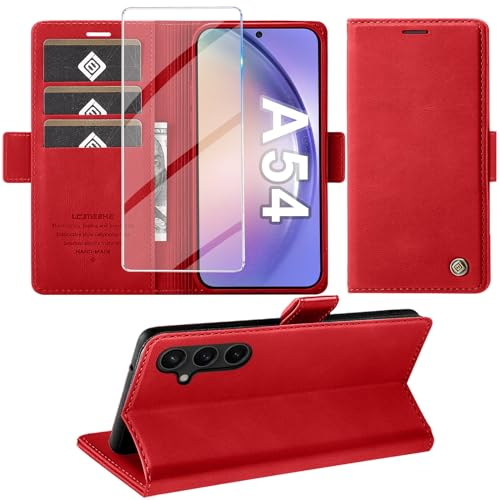 Giyer Handyhülle für Samsung Galaxy A54 5G Hülle mit Schutzfolie, Standfunktion Kartenfach Wallet Premium Leder Schutzhülle A54 5G Flip Case Cover Stoßfeste Klapphülle A54 5G 6.4 Zoll (rot)
