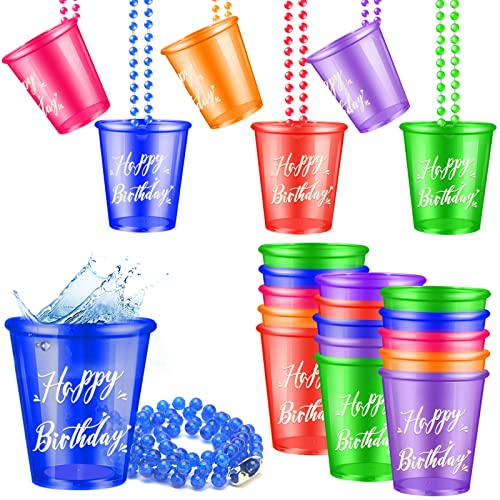 Shot Glasses,Happy Birthday Shot Glass on Beaded Necklace, Plastic Shot Necklaces Cup Naughty Shot Glass Favors for Adults Teens Birthday Wedding Party Supplies,6 Styles (Multi Color)-24 PCS
