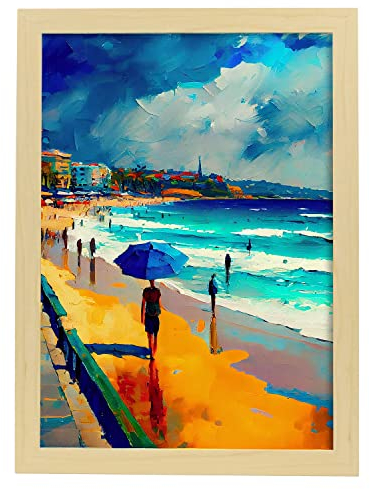 Nacnic Poster Bondi Beach im Ölgemälde Stil. Illustrationen von Denkmälern und Städten im fotografischen Vollfarbstil. Innenarchitektur und Dekoration. A3 mit Leichtholzrahmen.