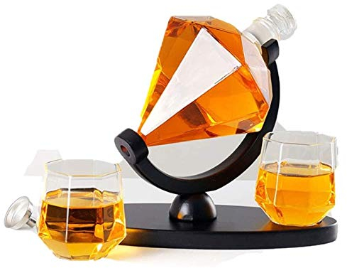 Whisky-Dekanter, kreatives Whisky-Dekanter-Globus-Set, rautenförmige Glaswaren, mit 2 Gläsern und Whiskygläsern mit Holzsockel