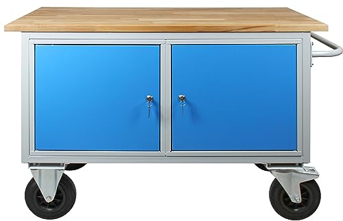 PROREGAL Mobile Werkbank Rhino mit 2 Türen | HxBxT 83x130x60cm | Traglast 500kg | Lichtgrau/Lichtblau | Werkstatttisch Werktisch Packtisch Arbeitstisch