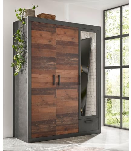 Lomadox Kleiderschrank 3-türig mit Spiegel in Matera anthrazit/grau mit Old Mix Dekor, BxHxT ca. 150x201x60 cm