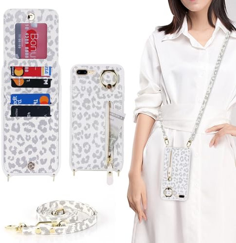 Zouzt for iPhone 7 Plus/iPhone 8 Plus 5.5 Inch Case with Cord and Card Holde, Zipper Wallet Case with Crossbody Lanyard Ring Adjustable Necklace Protective Cover Women - White Leopard