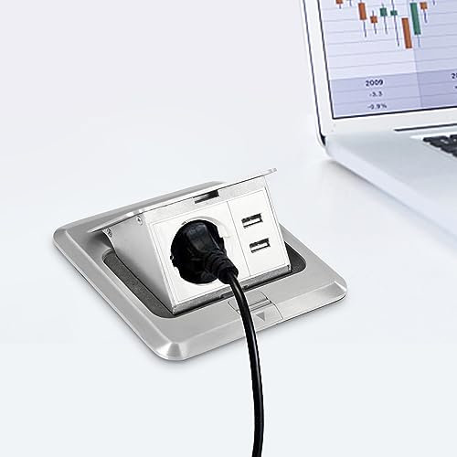 Enchufe retráctil, 220 V, zócalo impermeable, cocina triple, 1 x enchufe, 2 x USB zócalo suelo, plata, para suelo, encimera, áreas públicas, 12 x 12 x 55 cm