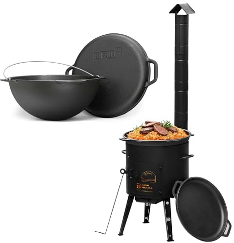 12L Kazan mit Ø40 Uchag Utschak mit Abzugsrohr Utschag 2mm stahl Kessel mit Deckel-Bratpfanne aus Gusseisen Kasan Feuerstelle Feldküche