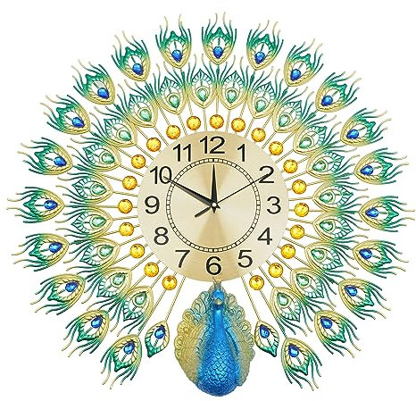 Queeucaer Großer Pfau Wanduhr,Pfauenuhr Wanduhr große Größe Wanduhren mit Metallzifferblatt, Nicht Tickende Leise Digitale Luxus Bunt Wohnkultur Aus Metall Wohnzimmer Kunst Deko,Bunt