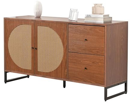 Sideboard, Kommode mit 2 Rattan verzierten Türen, Anrichte, Aufbewahrungsschrank mit Verstellbaren Einlegeböden und Metallgriffe für Schlafzimmer & Wohnräume, Mehrzweckschrank, Braun, 130x40x75cm