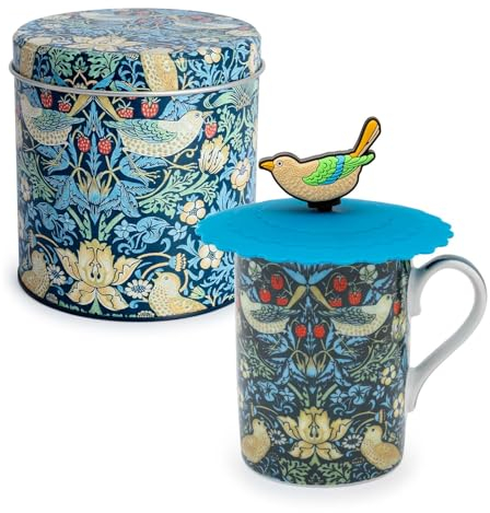 PracticDomus Taza para Infusiones 300 ml con Filtro y Tapa de Silicona en Lata Metálica (William Morris)