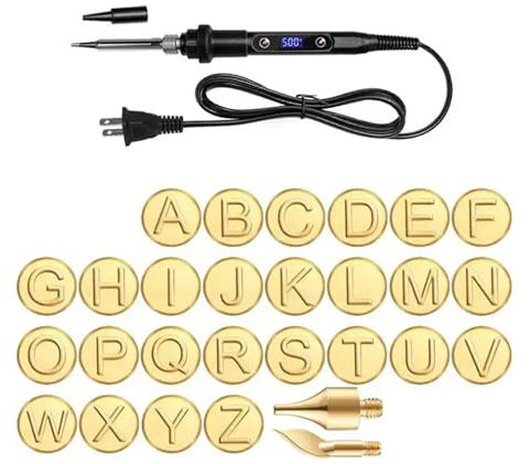 Wood Burning Tool Pen with Burning Tips Kit 26English Letters Carving Pyrography Pen Tips Stencil Soldering Iron for Woodworking (Soldering Iron+26 Letters)
