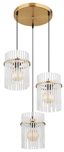 Pendellampe Esstischleuchte Hängelampe Wohnzimmer 3 flammig, Metall schwarz Holz braun Glas rauch, 3x E27, LxH 55x 120 cm