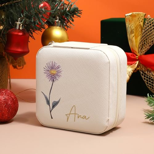 Personalised Jewellery Box with Name and Birth Flower Small Travel Jewellery Box Organiser for Necklace Rings Earrings Bracelets Faux PU Leather Gifts for Her Wife Daughter Friends (B)