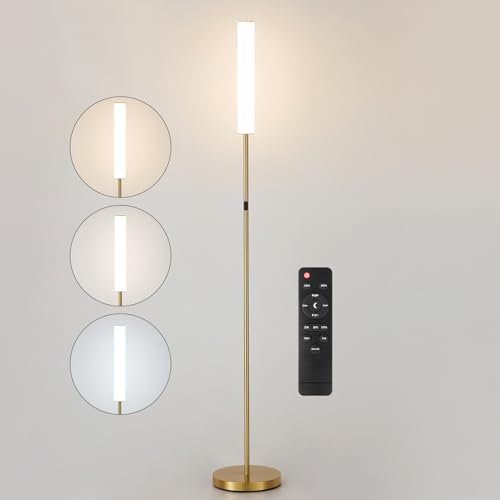 HARPER LIVING Brass LED Floor Lamp with Remote and Touch Control, Modern Floor Standing Lamp for Living Room, Gold Reading Floor Lamps with Cylinder White Shade, Dimmable and 3 Light Colors