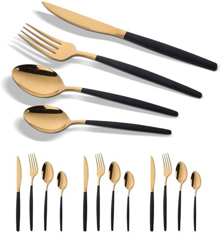 YDware Besteck Gold Schwarz, 16 Stück Schwarz Gold Besteck Set für Haus Küche Restaurant Gabeln Löffel Teelöffel Steakmesser Cutlery Set, Für 4 Personen