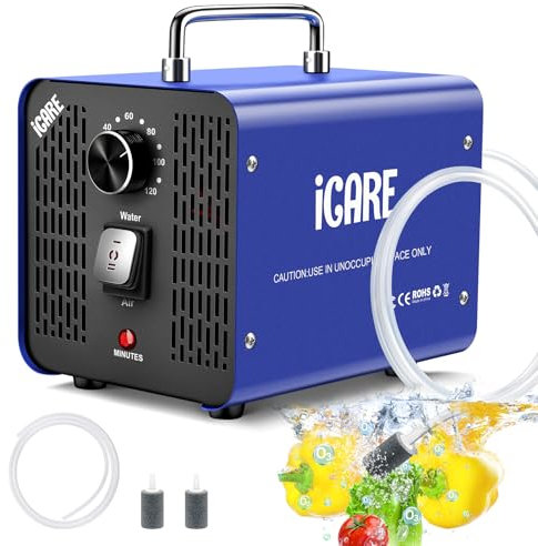 Generador de Ozono, 45000mg/h Generador de Ozono para agua y aire, Purificador de Aire con Temporizador, Maquina de Ozono para Baño, Cocina, Humo, Coches, Mascotas, Limpiar Frutas, Verduras y Carnes