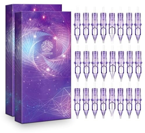 ATOMUS 50Pcs Cartuccia Del Tattoo Aghi Assortiti Formato Misto Tondo Liner Shader Magnum Round Mag # 12 Standard Viola 3RL 5RL 7RL 9RL 3RS 5RS 7RS 9RS 5M1 7M1 Silicone Tattoo Aghi per Tattoo Pen