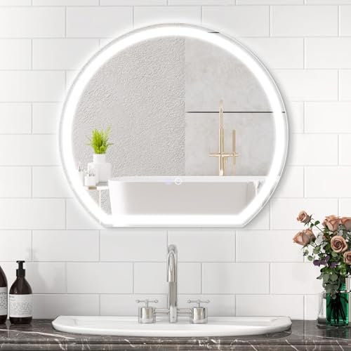COSTWAY LED Badspiegel mit Beleuchtung, Anti-Beschlag Badezimmerspiegel, Wandspiegel dimmbar mit Touch-Schalter & Memory-Funktion, LED-Spiegel Hängespiegel für Bad (Halbrund)