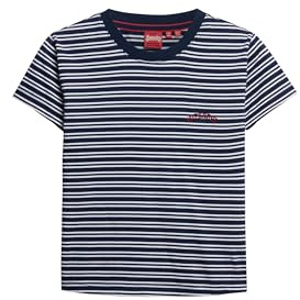 Superdry Damen Essential Logo Gestreiftes T-Shirt Schmale Passform Kräftiges Marineblau Gestreift 42
