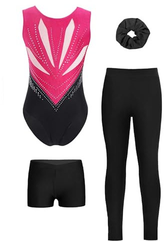 Miutii 4tlg.Mädchen Turnanzug Glitzer Gymnastikanzug mit Shorts Hose und Haargummi Ärmellos Ballettanzug Gymnastik Leotard Eislaufen Tanzkostüm Dunkel Rosa&Schwarz 146-152